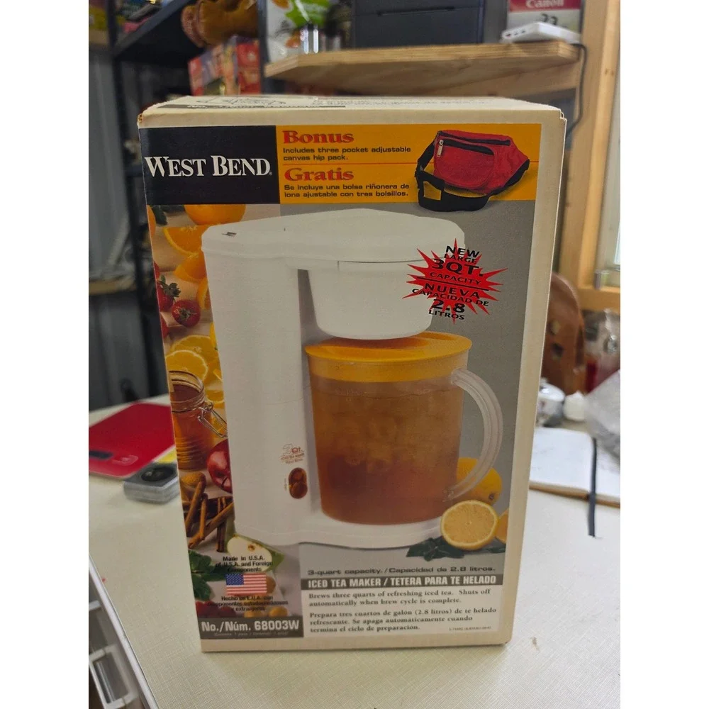West Bend 3 Qt Iced Tea Maker NIB White Automatic Shut Off with Hip Pack Bonus